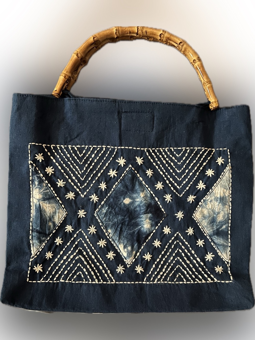Sashiko Indigo bag with bamboo handles